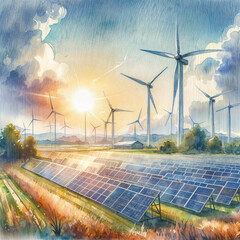 Sources of alternative energy. Watercolor drawing of solar panels and windmills. Solar and wind power plants