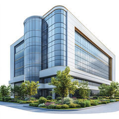 Obraz premium Modern office building with large glass windows and landscaped surroundings, showcasing