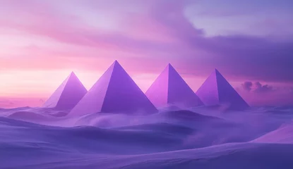Fototapete Rund Three vibrant purple pyramids in a serene desert landscape at sunset © Adri