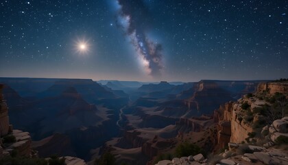 Obraz premium Starry night over Grand Canyon, cliffs illuminated by moonlight, breathtaking cosmic atmosphere.