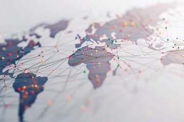 Connected World Map with Pins and Network Lines, White Background, Global Connections