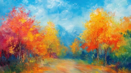 Vibrant autumn landscape painting featuring colorful trees mountain backdrop and serene atmosphere in oil paint
