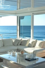 Fototapeta premium Luxurious yacht interior features serene ocean view comfortable white couch and modern decor ideal for vacation