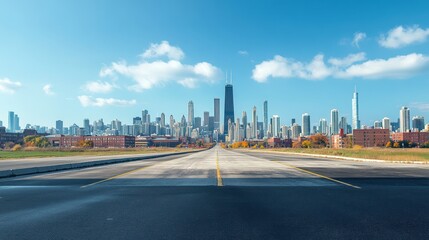 Fototapeta premium Cityscape road leading to Chicago skyline, autumn