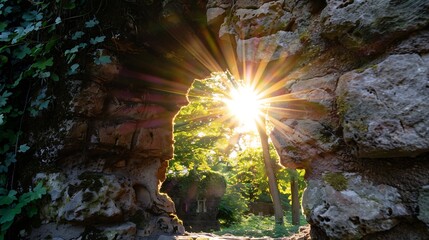 Fototapeta premium Summer solstice sun aligns perfectly with a natural stone arch casting a beam of light through the geological window