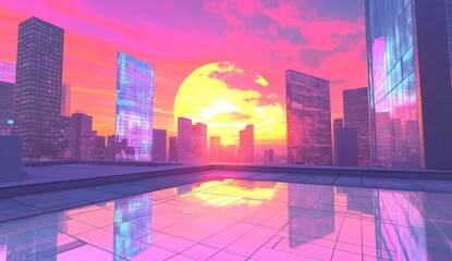Futuristic cityscape at sunset, vibrant colors reflecting on a rooftop pool