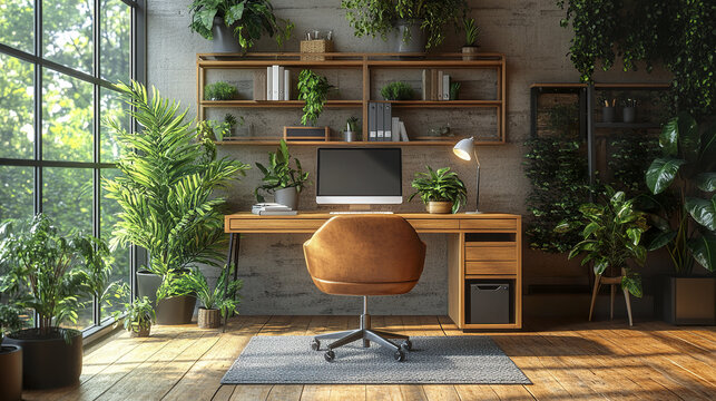 serene workspace featuring natural light and abundant greenery, promoting productivity