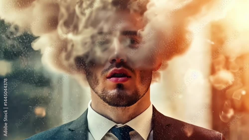 Aufkleber confusion and uncertainty envelop a businessman as smoke and dust swirl around his head, obscuring h