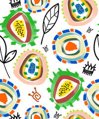Colored abstract seamless background with lines or spots, leaves on white. Design of fabric, wallpaper or accessories. Vector.