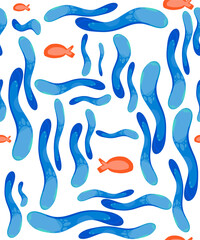 Abstract color seamless background or texture with lines and curves. Stylized sea waves and fish in blue and terracotta colors.