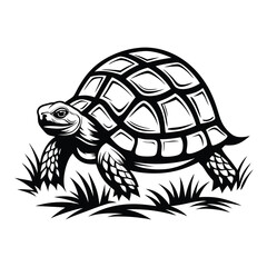 Turtle Walking Silhouette, Wildlife Reptile, Animal in Grass, Tortoise Isolated Art