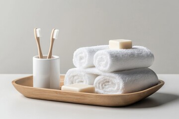Towels, toothbrushes, and soap on a wooden tray