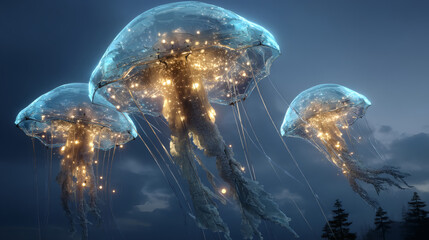 Ethereal Jellyfish Glowing in the Night Sky Over Dark Ocean