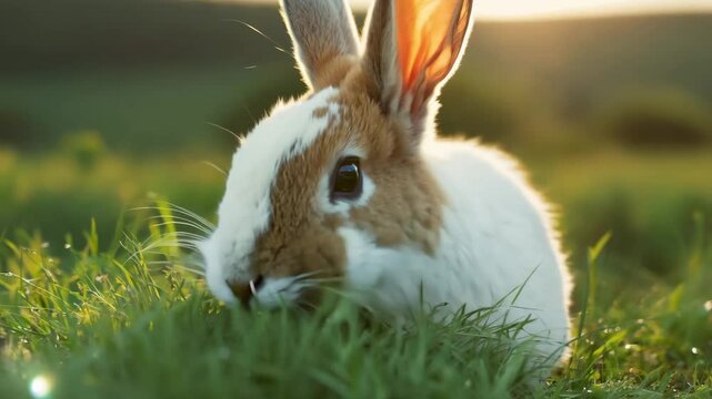 Adorable Rabbit in Golden Sunset Grass Meadow