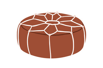 Moroccan pouf, traditional furniture. Round stuffed ottoman seat, leather footrest, embroidered maroc design. Bereber footstool, interior poof. Flat vector illustration isolated on white background