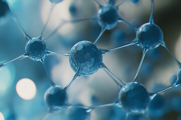 Abstract Molecular Structure with Blue Spheres Connected by Strands, Representing Science, Medicine, and Technology with Depth of Field