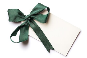 Blank White Card With Dark Green Ribbon Bow On White Backdrop For Adding Message