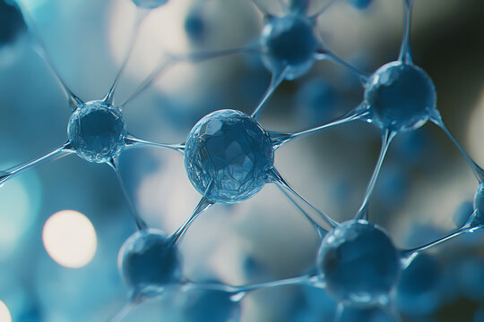 Abstract Molecular Structure with Blue Spheres Connected by Strands, Representing Science, Medicine, and Technology with Depth of Field