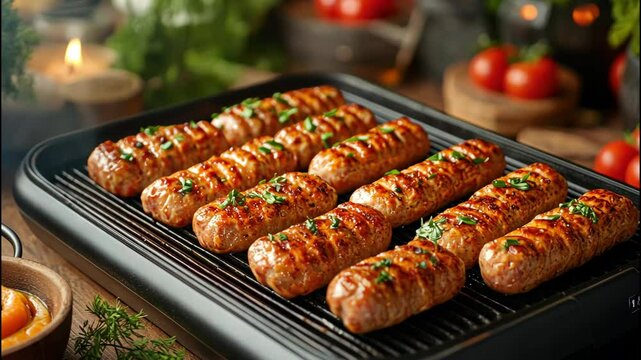 Grilled spice links on dark heat deck with lush herb. 
