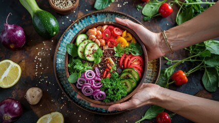 Overhead shot of quinoa salad with fresh vegetables in vibrant ceramic bowl