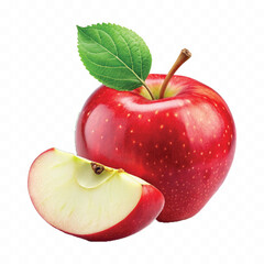 realistic 3d red apple with slice and green leaves  isolated on transparent background