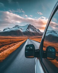 Breathtaking Iceland Road Trip Scenic Vista from Car Window at Sunset Snow Capped Mountain Majestic Landscape Adventure