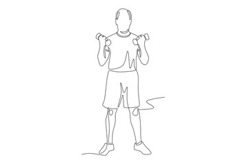 Old man lifting dumbbells. Oldman exercise concept one-line drawing