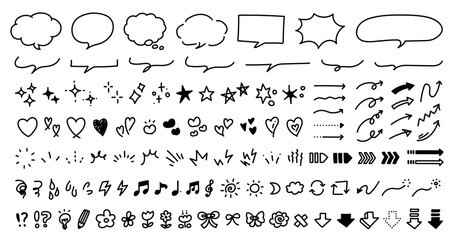 手描きの装飾セット。かわいい線画。ふきだし、矢印、星、ハートなど。ペンで描いた感情のアイコン。