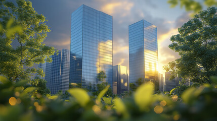 Modern office towers reflect sunlight amidst lush greenery, creating serene urban landscape