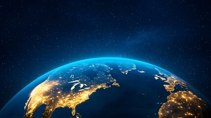 Fototapeta premium A nighttime view of Earth from space, showcasing the bright lights of major cities across Europe and North Africa against the backdrop of a dark, starlit sky.