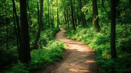 Fototapeta premium Sunlit forest pathway through vibrant green foliage and towering trees