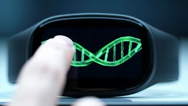 Close up finger interacts with futuristic medical gadget screen displaying glowing green DNA helix, visualizing genome analysis for personalized medicine, biotechnology research, diagnostics and genet