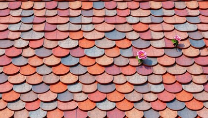 Linear roof tiles in geometric fish scale pattern, leaf & flower accents on swatch, pattern, leaf