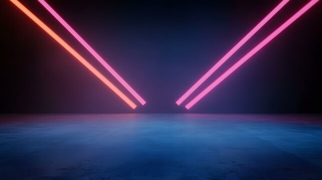 Two parallel neon lines, one orange and one pink, converge in a V-shape above a dark blue, textured floor, creating a vibrant, futuristic scene.