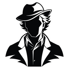 Monochrome Silhouette Man in Hat & Suit, Abstract Face, Minimalist Design, Noir Style