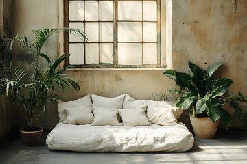 Beige Room Interior Sunlit Floor Plants and Linen Pillows