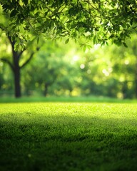 Fototapeta premium Lush Green Lawn Under a Canopy of Leaves Capturing Tranquil Park Sunlight with Natural Beauty and Freshness