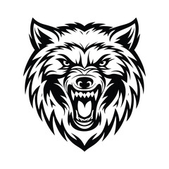 Aggressive Black & White Wolf Head Roaring with Sharp Teeth on an Isolated Background