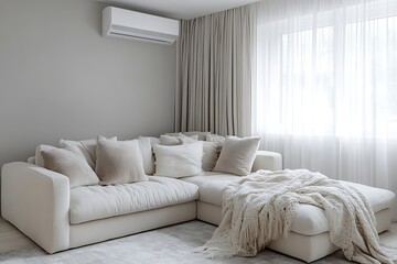 Beige Sectional Sofa in Modern Minimalist Living Room in Gray Shade