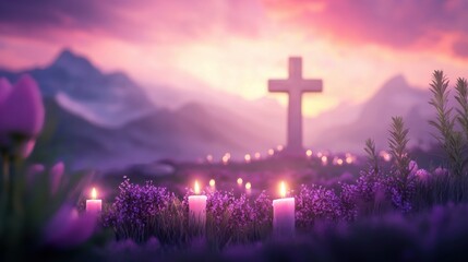Candlelight Vigil with Small Candles Lit Around a Cross at Sunset with Purple Flowers in the Background