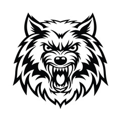 Obraz premium Angry Wolf Head Logo in Black and White, Showing Aggression, Sharp Features, Detailed Fur