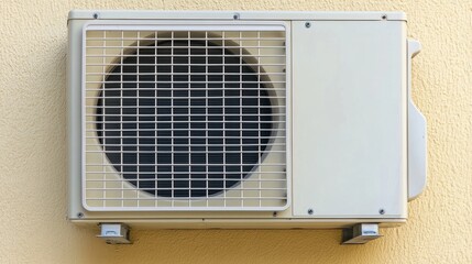 AC unit mounted on a textured accent wall above minimalist furniture and decor items