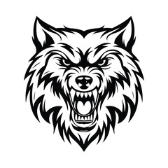 Aggressive Black and White Wolf Head Roaring with Sharp Teeth on Isolated Background