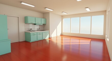 Empty modern kitchen interior with large windows