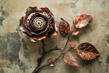 A steampunk rose with metal petals and gears on a textured background artistic floral design