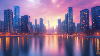 Fototapeta premium stunning urban skyline at sunset, featuring glowing office buildings and serene river