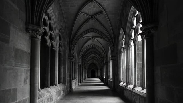 Walking Through Medieval Church Cloister Gothic Architecture Black and White
