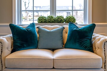 Beige Sofa Cream Cushions Teal Pillows Natural Light Window View