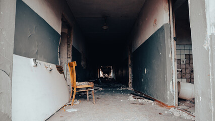 destroyed and burned houses in the city in Ukraine