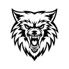 Aggressive Wolf Head Silhouette, Bared Fangs, Detailed Black And White Isolated